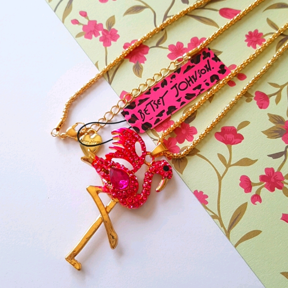 Betsey Johnson Style Necklace Flamingo Crystal Pendant Chain